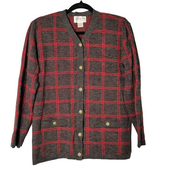 Vintage Women's M Lamb's Wool Window Pane Plaid Cardigan Sweater Old Money Prepp - Picture 1 of 6